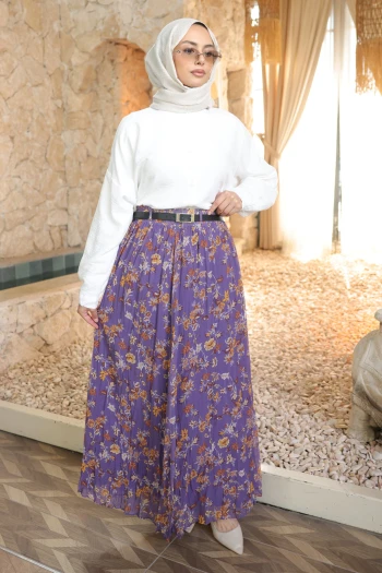 Mor Bel Lastikli Desenli Şifon Etek