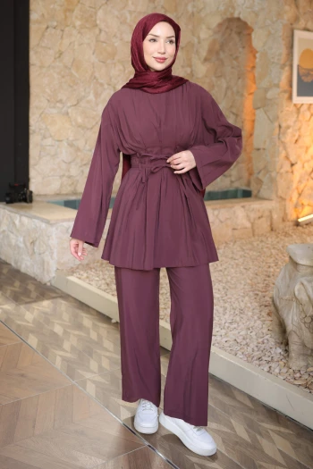 Mürdüm Bel Bağlamalı Tunik Pantolonlu Modal Takım