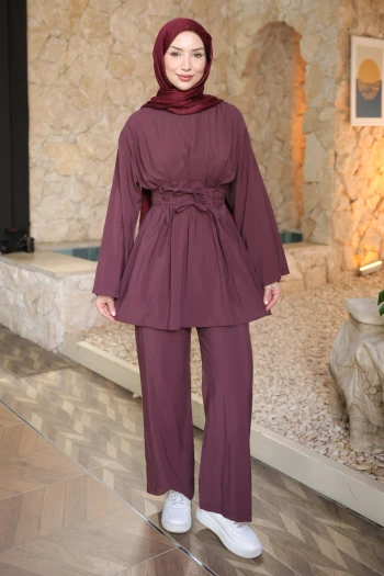 Mürdüm Bel Bağlamalı Tunik Pantolonlu Modal Takım