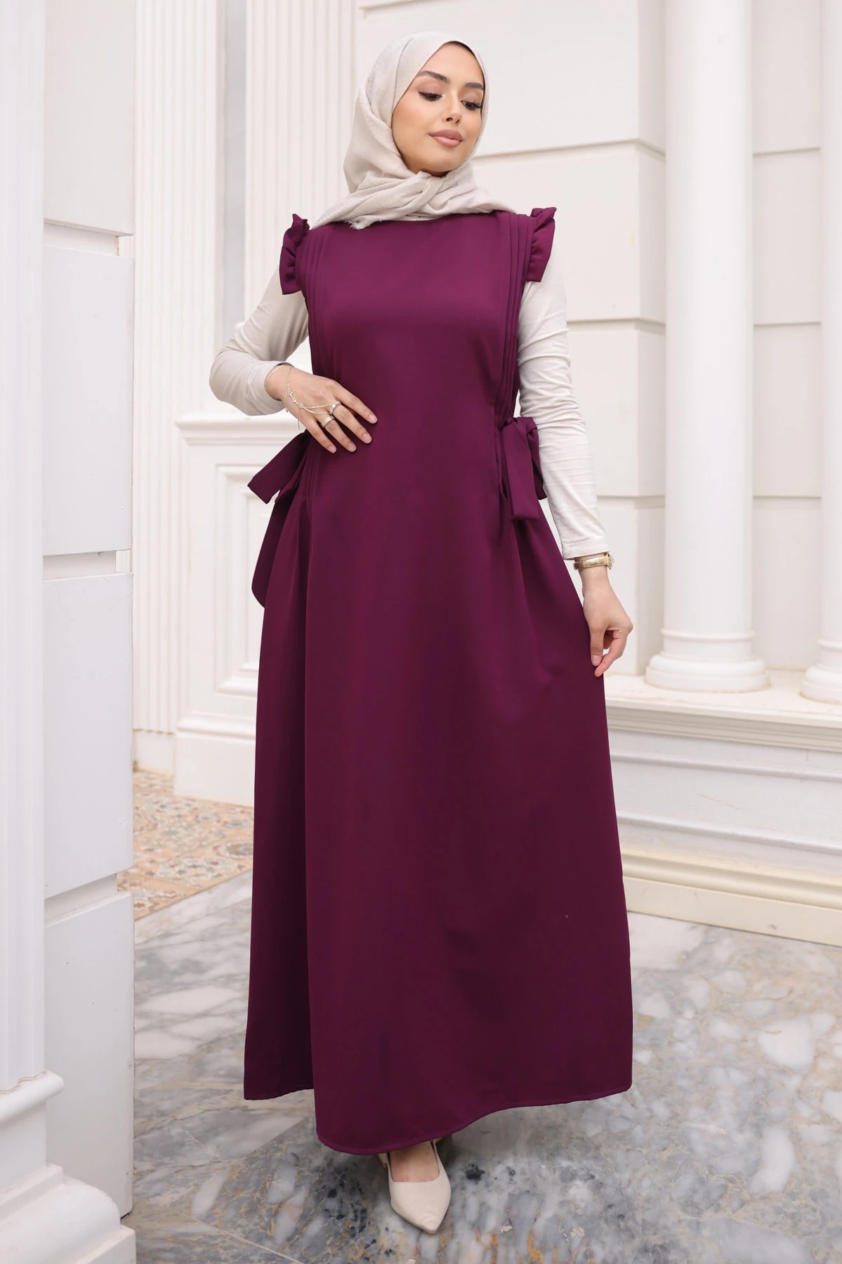 Mürdüm Bel Kuşaklı Kolları Fırfırlı Elbise