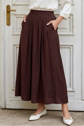 Mürdüm Bel Lastikli Çift Cepli Parçalı Etek