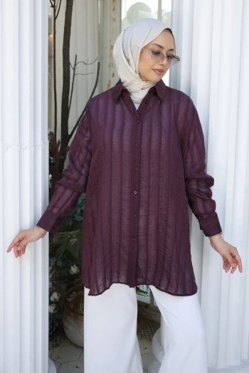 Mürdüm Çizgili Salaş Gömlek