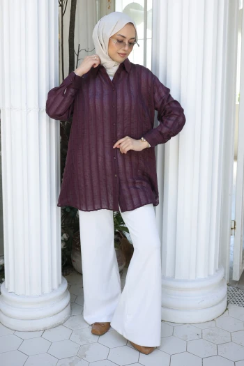 Mürdüm Çizgili Salaş Gömlek