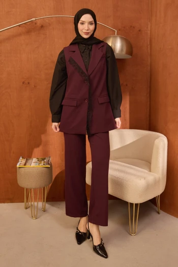 Mürdüm Dantel Detaylı Yelek Pantolonlu Takım