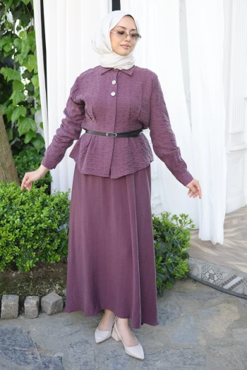 Mürdüm Desenli Modal Gömlek Etekli Takım