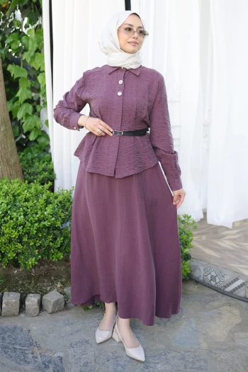 Mürdüm Desenli Modal Gömlek Etekli Takım