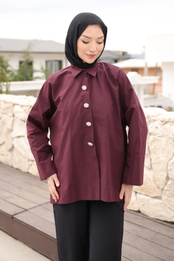 Mürdüm Düğmeli Geniş Kol Tunik