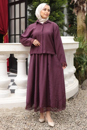 Mürdüm Düğmeli Kolu Dantelli Gömlek Etekli Takım