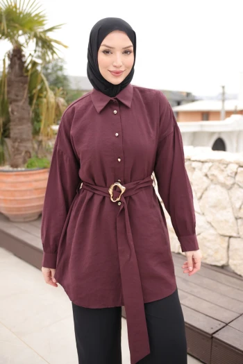 Mürdüm Düğmeli Kuşaklı Tunik