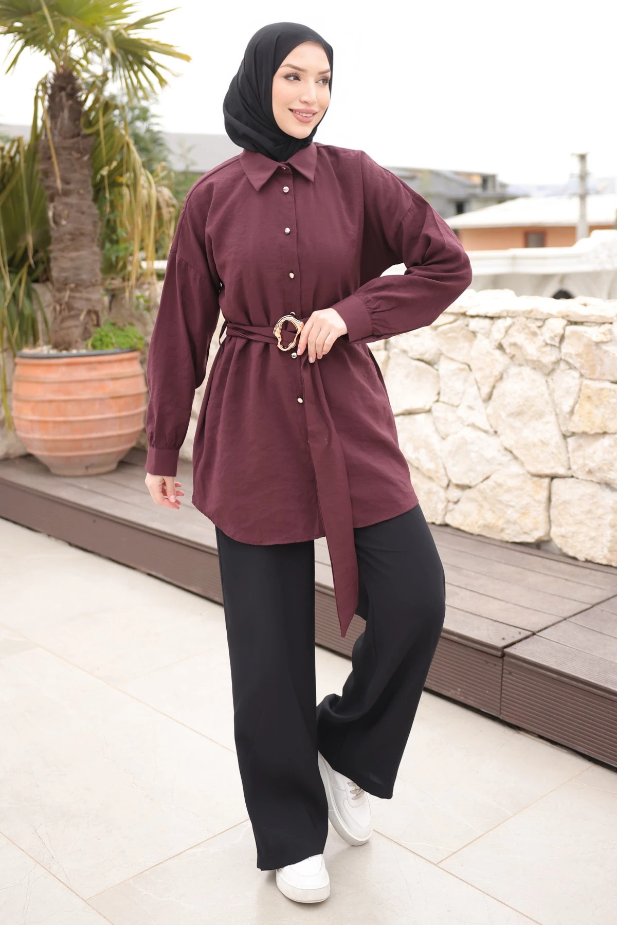 Mürdüm Düğmeli Kuşaklı Tunik