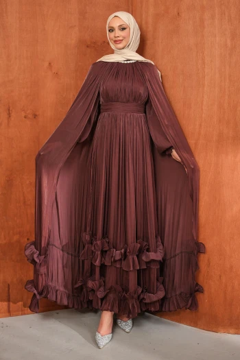 Mürdüm Etek Ucu Fırfırlı Pelerinli Abiye