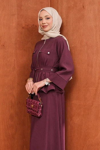 Mürdüm Fermuarlı Kuşgözlü Kemerli Ceket Etekli Takım