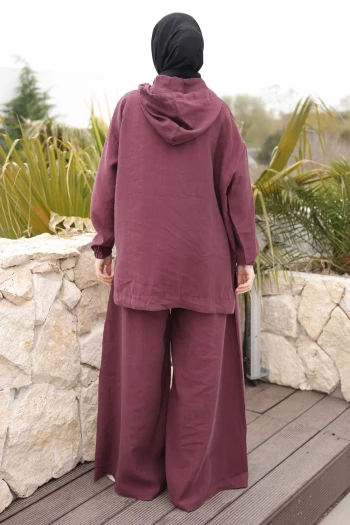Mürdüm Kapüşonlu Bol Paça Ceket Pantolonlu Takım