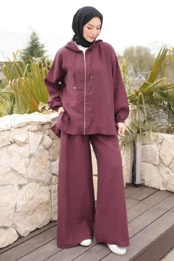 Mürdüm Kapüşonlu Bol Paça Ceket Pantolonlu Takım