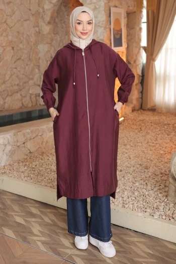 Mürdüm Kapüşonlu Fermuarlı Kap