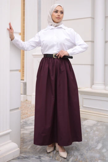Mürdüm Kemerli Cepli Poplin Etek