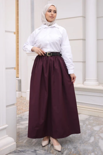 Mürdüm Kemerli Cepli Poplin Etek