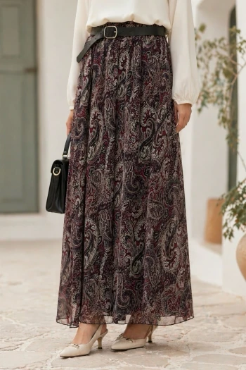 Mürdüm Kemerli Desenli Şifon Etek