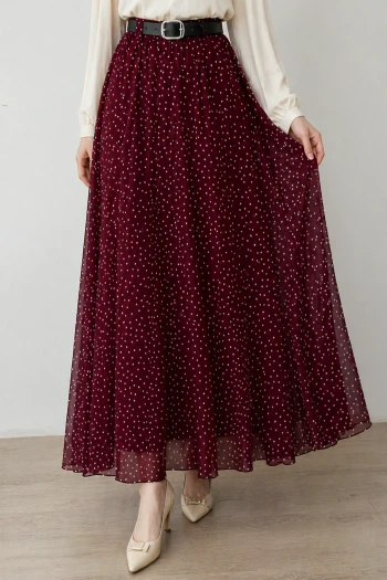 Mürdüm Kemerli Puantiyeli Şifon Etek