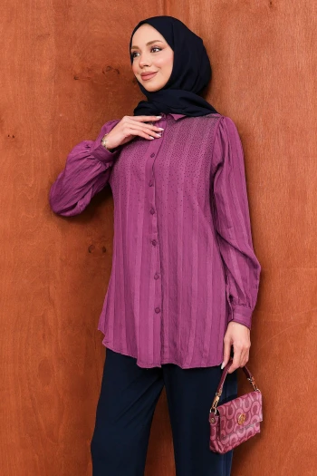 Mürdüm Taş Detaylı Düğmeli Tunik Tunik