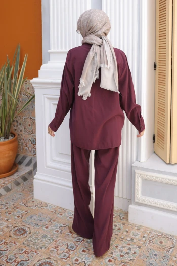 Mürdüm Yaka Detaylı Tunik Pantolonlu Modal Takım