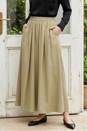 Olive Bel Lastikli Çift Cepli Parçalı Etek