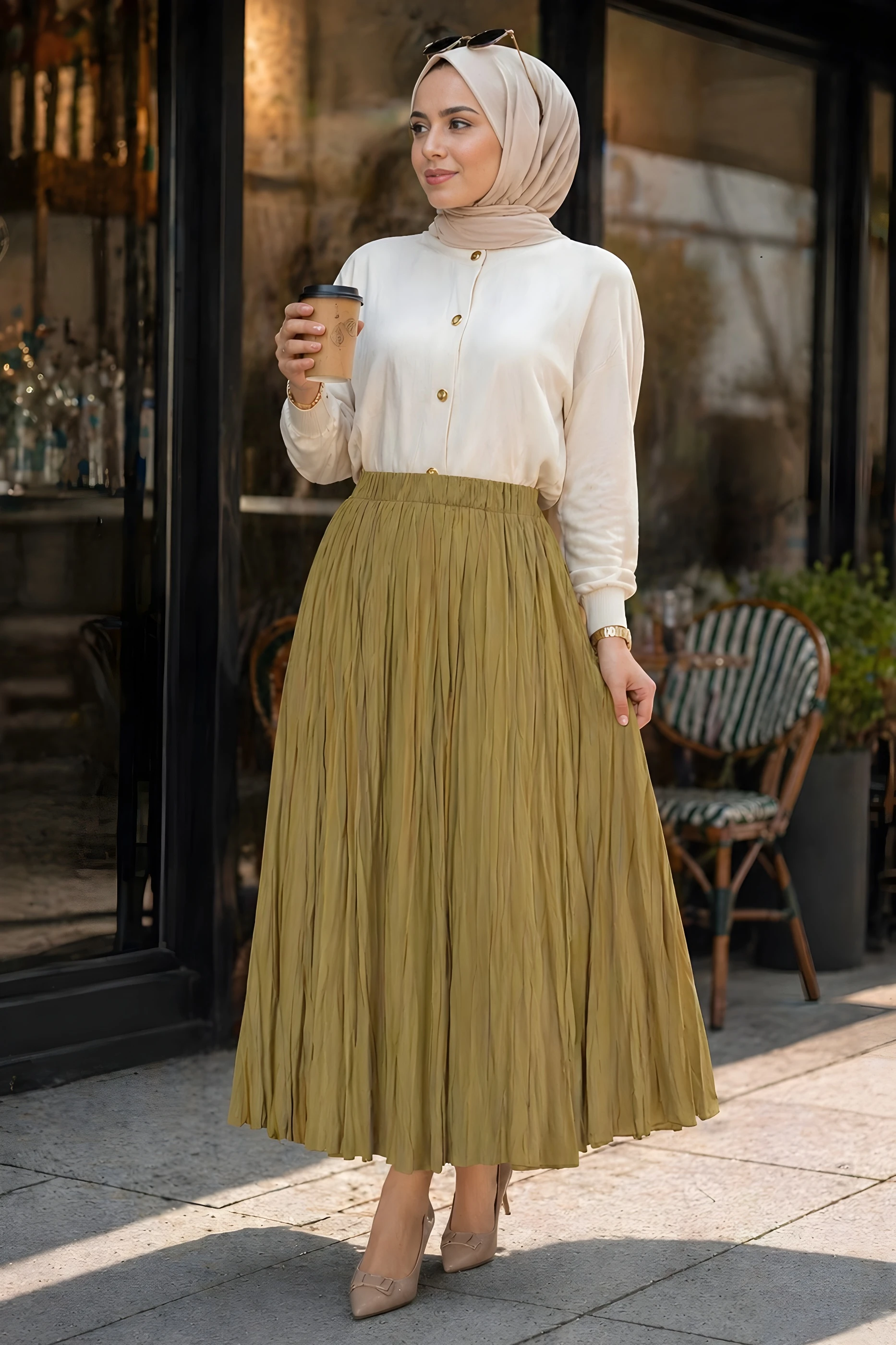 Olive Beli Lastikli Kraş Etek
