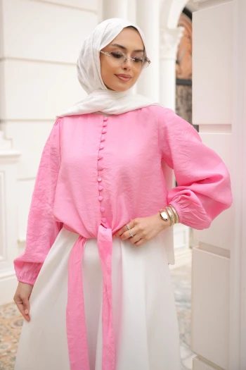 Pembe Bel Bağlamalı Düğmeli Gömlek