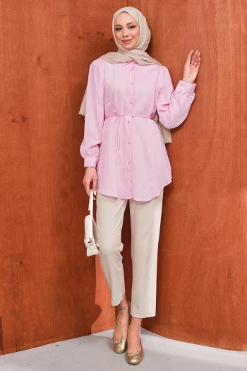 Pembe Bel Bağlamalı Düğmeli Tunik