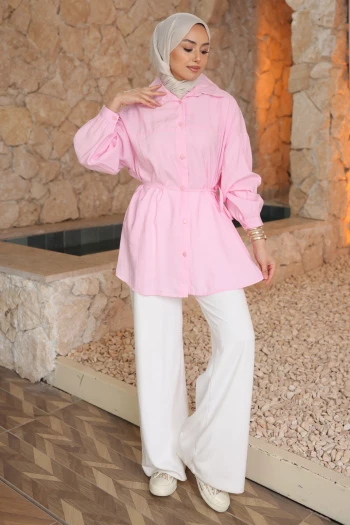 Pembe Biye Detaylı İp Bağlamalı Modal Dokuma Gömlek