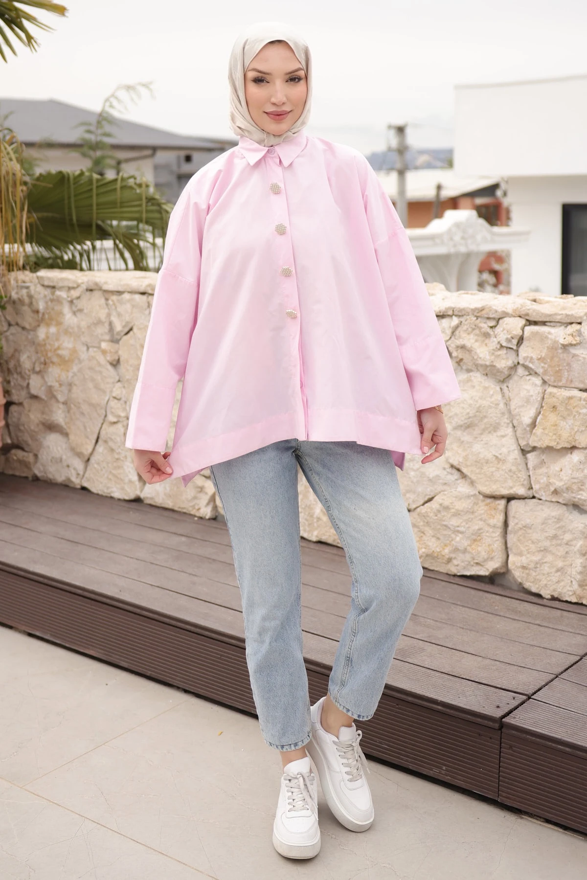 Pembe Düğmeli Geniş Kol Tunik