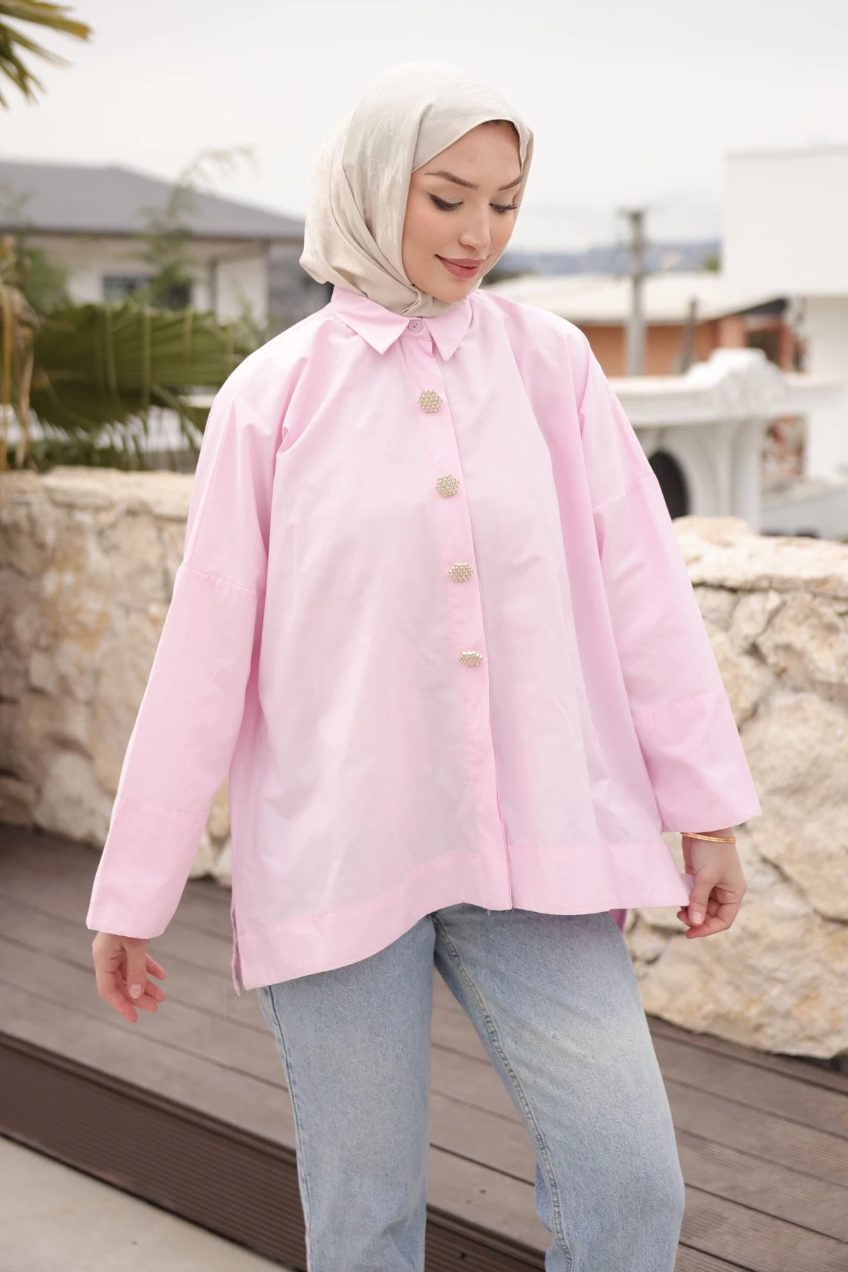 Pembe Düğmeli Geniş Kol Tunik