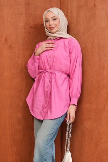 Pembe Düğmeli İp Bağlamalı Modal Gömlek