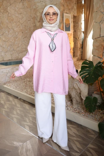 Pembe Etnik Fularlı Modal Dokuma Gömlek