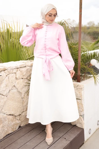 Pembe Kol Lastikli Bel Bağlamalı Gömlek