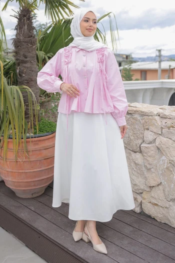 Pembe Omuz Büzgülü Gömlek