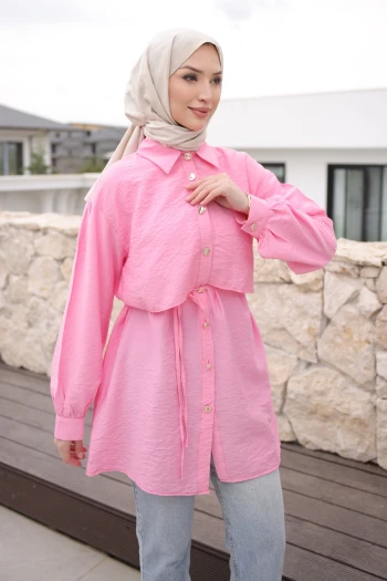 Pembe Önü Alerli Düğmeli Tunik