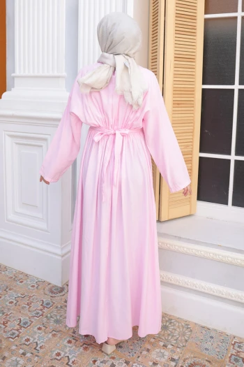 Pembe Pens Dikişli Bel Lastikli Modal Dokuma Elbise