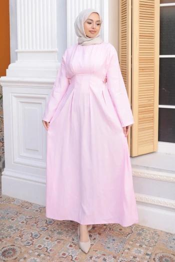 Pembe Pens Dikişli Bel Lastikli Modal Dokuma Elbise