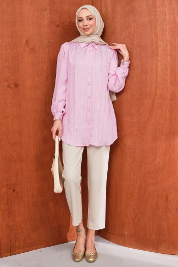 Pembe Taş Detaylı Düğmeli Tunik Tunik