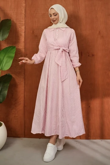 Pembe Yaka Düğmeli Yan Bağlamalı Çizgili Elbise