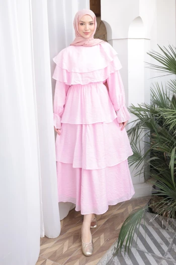 Pembe Yakalı Katlı Beli Lastikli Elbise