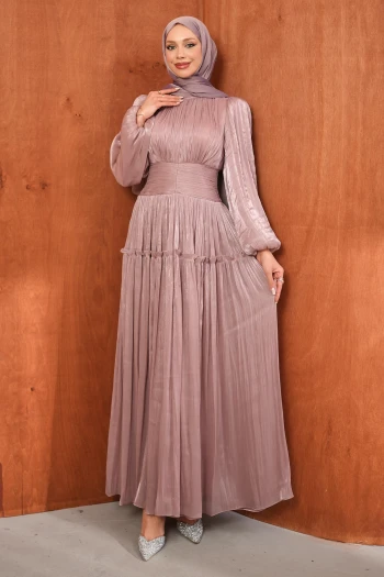 Pudra Bel Büzgülü Katlı Abiye