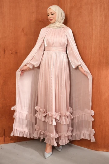 Pudra Etek Ucu Fırfırlı Pelerinli Abiye