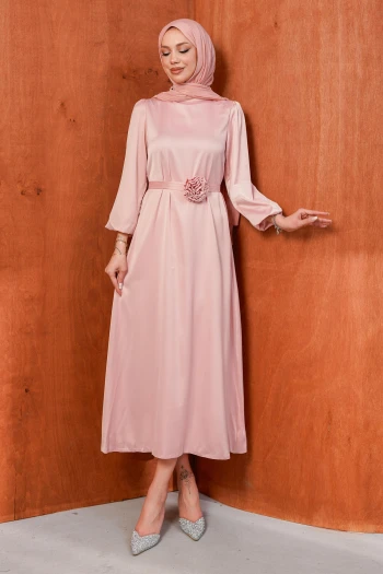 Pudra Gül Kemer Detaylı Balon Kol Saten Abiye