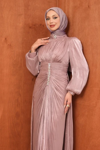 Pudra Taş Detaylı Drapeli Janjan Abiye