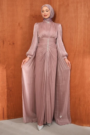 Pudra Taş Detaylı Drapeli Janjan Abiye