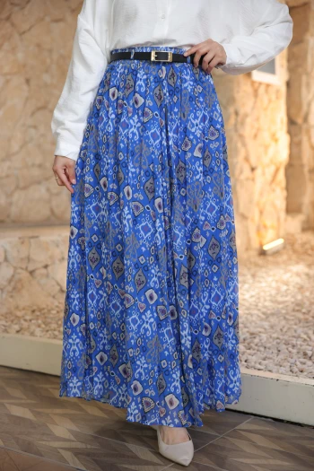 Saks Mavi Bel Lastikli Desenli Şifon Etek