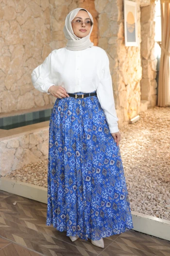 Saks Mavi Bel Lastikli Desenli Şifon Etek