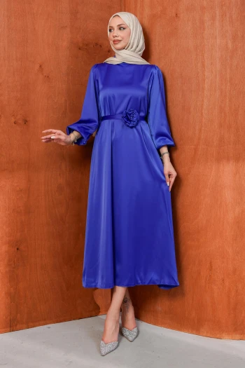 Saks Mavi Gül Kemer Detaylı Balon Kol Saten Abiye